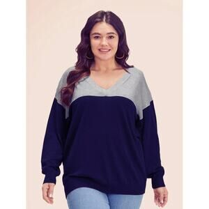 Size 14 - 16 • 1x BloomChic • Blue Supersoft Colorblock Two Tone V Neck Pullover